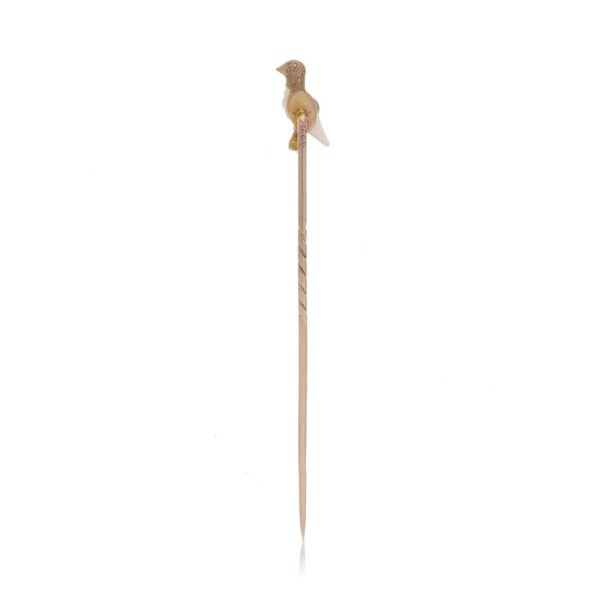 Victorian gold bird shape stick pin with pearl and ruby.
