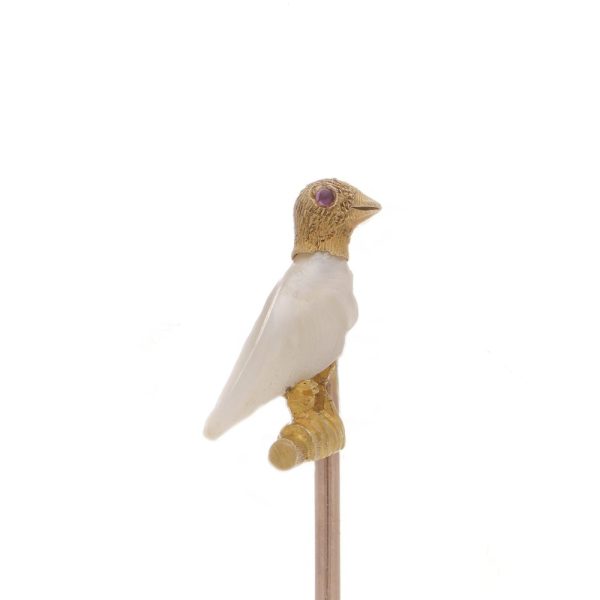 Victorian gold bird shape stick pin with pearl and ruby.