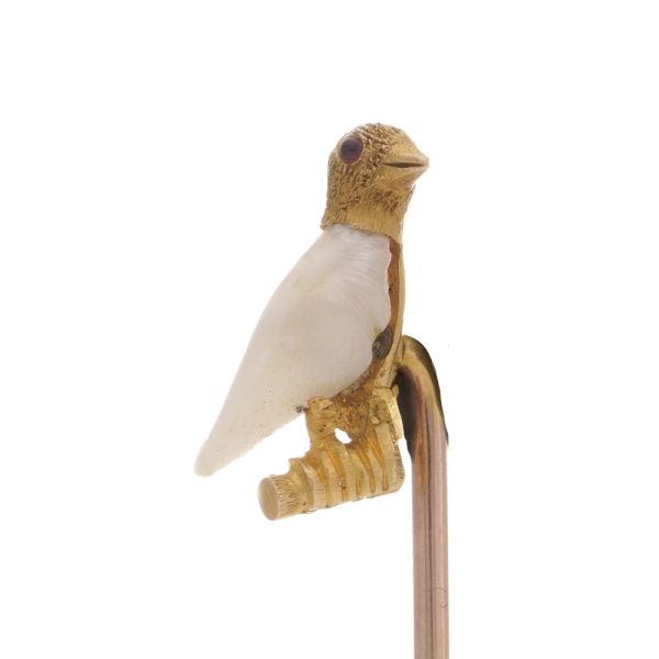 Victorian gold bird shape stick pin with pearl and ruby.