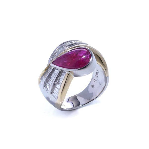 Ruby and diamond ring in platinum and gold.