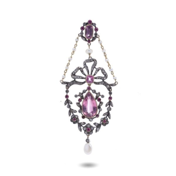 Edwardian gold and silver pendant with diamonds, pearls and pink paste stones.