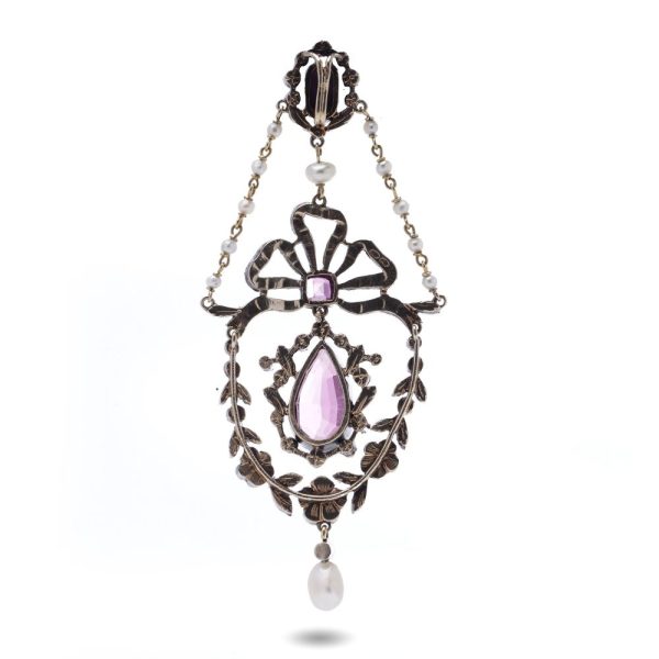 Edwardian gold and silver pendant with diamonds, pearls and pink paste stones.