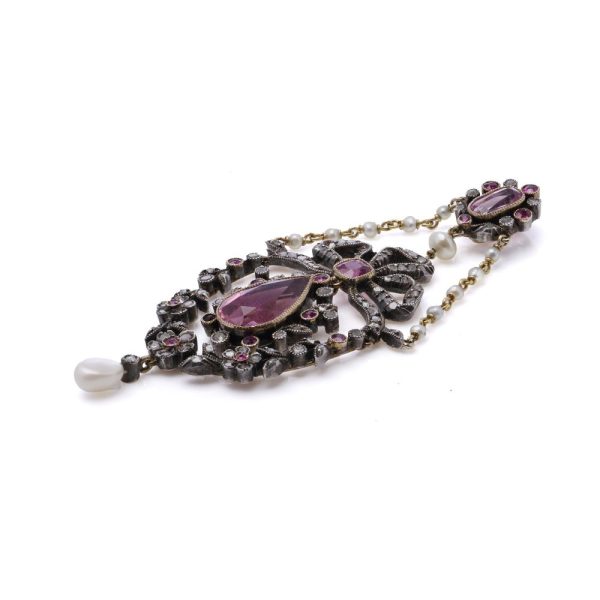 Edwardian gold and silver pendant with diamonds, pearls and pink paste stones.