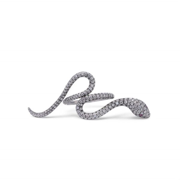 Diamond and ruby snake ring in white gold.