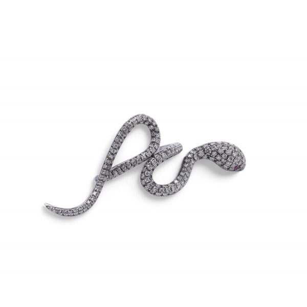 Diamond and ruby snake ring in white gold.