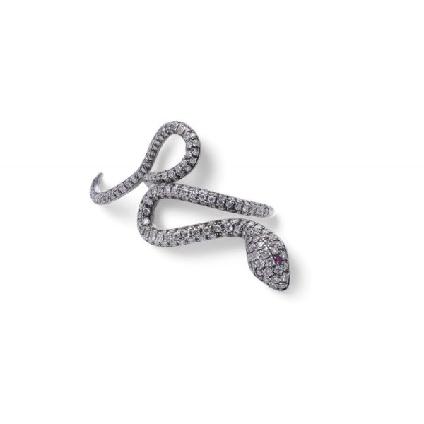 Diamond and ruby snake ring in white gold.