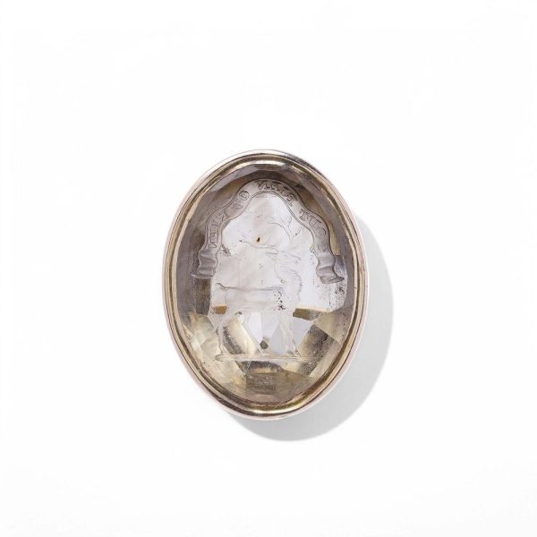 Rock crystal intaglio signet ring in gold.