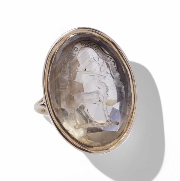 Rock crystal intaglio signet ring in gold.