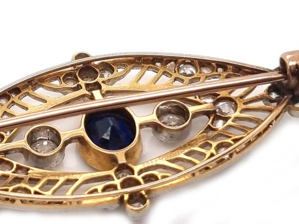 Edwardian Antique 1ct Sapphire and 1.10ct Old Cut Diamond Navette Brooch in 18ct Yellow Gold and Platinum, Circa 1900