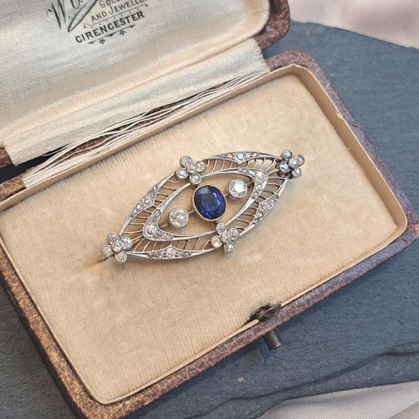 Edwardian Antique 1ct Sapphire and 1.10ct Old Cut Diamond Navette Brooch in 18ct Yellow Gold and Platinum, Circa 1900