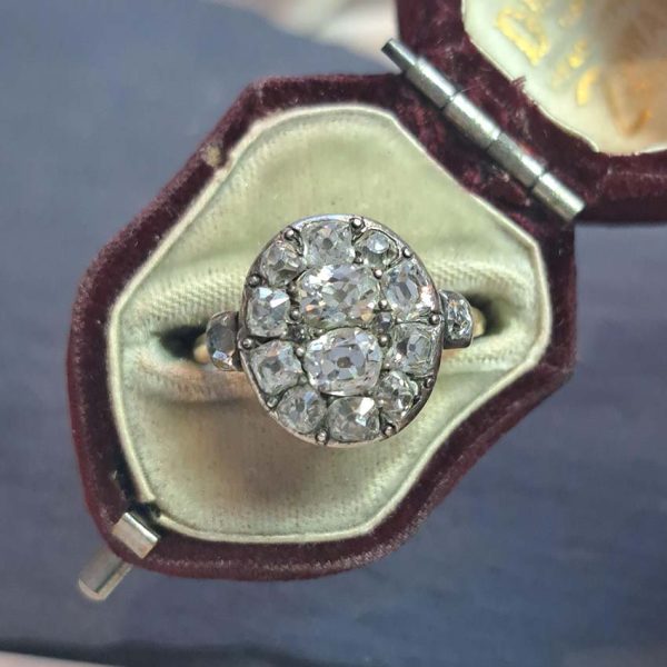 Georgian Antique 2ct Old Cut Diamond Cluster Ring, Two central chunky old mine-cut diamonds within smaller diamond surround in silver to 18ct gold, Mid 18th Century Circa 1750