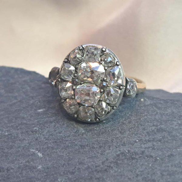 Georgian Antique 2ct Old Cut Diamond Cluster Ring, Two central chunky old mine-cut diamonds within smaller diamond surround in silver to 18ct gold, Mid 18th Century Circa 1750