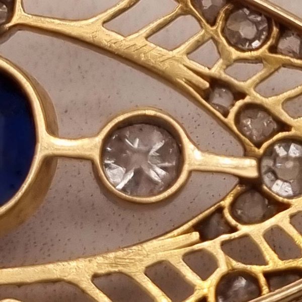 Edwardian Antique 1ct Sapphire and 1.10ct Old Cut Diamond Navette Brooch in 18ct Yellow Gold and Platinum, Circa 1900