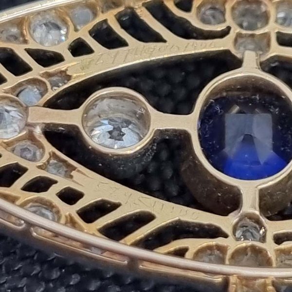 Edwardian Antique 1ct Sapphire and 1.10ct Old Cut Diamond Navette Brooch in 18ct Yellow Gold and Platinum, Circa 1900