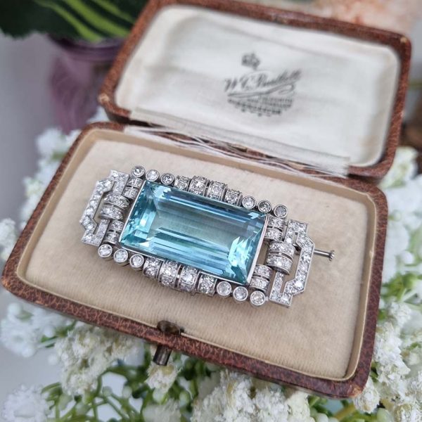 Art Deco 30ct Aquamarine and Diamond Cluster Brooch in Platinum