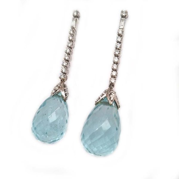 20cts Briolette Cut Aquamarine and Diamond Drop Earrings, pear teardrop shaped briolette-cut aquamarine suspended on brilliant cut diamond drop in 18ct white gold