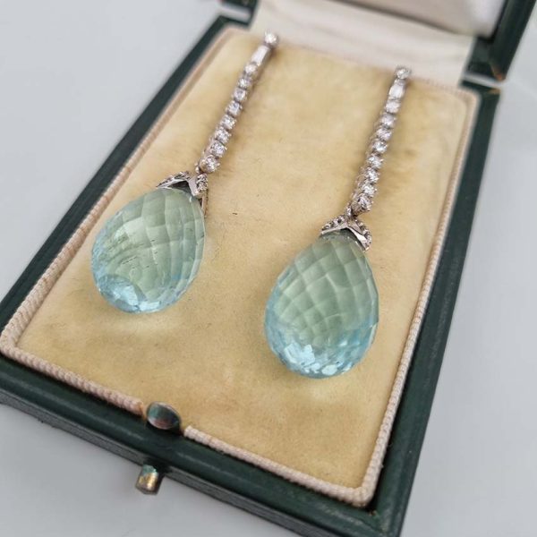 20cts Briolette Cut Aquamarine and Diamond Drop Earrings, pear teardrop shaped briolette-cut aquamarine suspended on brilliant cut diamond drop in 18ct white gold