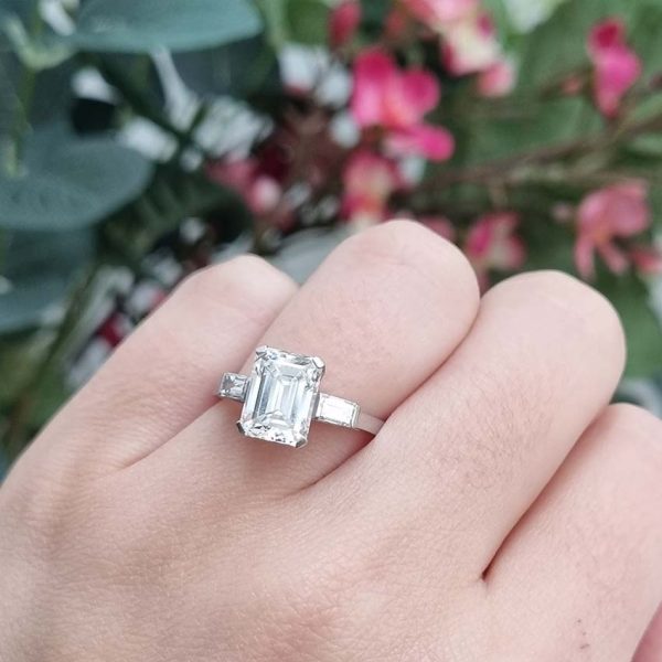Single Stone 2.41ct Emerald Cut Diamond Solitaire Engagement Ring with Baguette Shoulders in Platinum