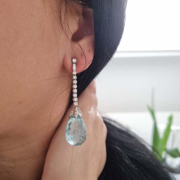 20cts Briolette Cut Aquamarine and Diamond Drop Earrings, pear teardrop shaped briolette-cut aquamarine suspended on brilliant cut diamond drop in 18ct white gold