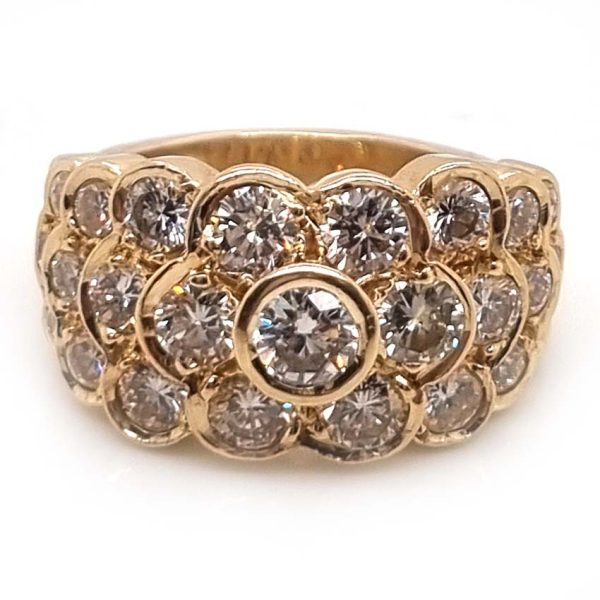 Vintage 2.43ct Cape Colour Diamond Bombe Cluster Dress Ring, fun and eye-catching diamond ring with floral centre stepping down and graduating in size set with 2.43 carats of Cape colour VS1 VS2 brilliant cut diamonds bezel set in 14ct yellow gold. Circa 1980