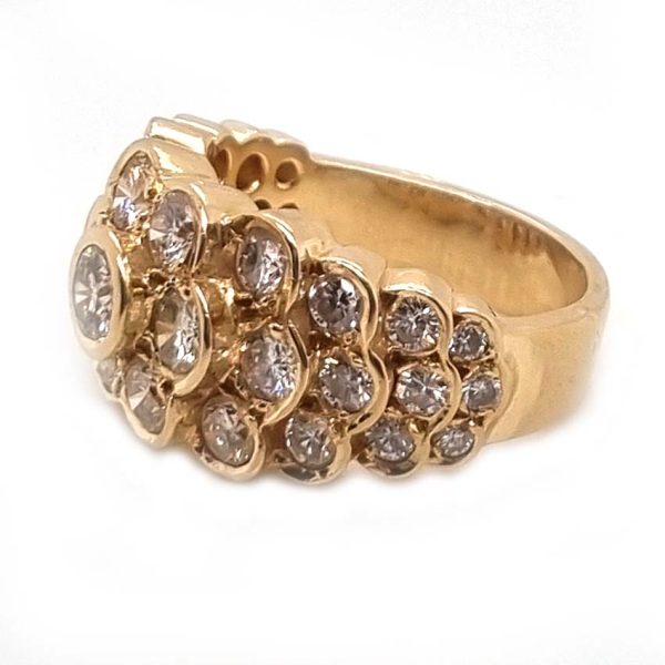 Vintage 2.43ct Cape Colour Diamond Bombe Cluster Dress Ring, fun and eye-catching diamond ring with floral centre stepping down and graduating in size set with 2.43 carats of Cape colour VS1 VS2 brilliant cut diamonds bezel set in 14ct yellow gold. Circa 1980