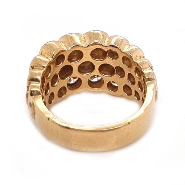Vintage 2.43ct Cape Colour Diamond Bombe Cluster Dress Ring, fun and eye-catching diamond ring with floral centre stepping down and graduating in size set with 2.43 carats of Cape colour VS1 VS2 brilliant cut diamonds bezel set in 14ct yellow gold. Circa 1980