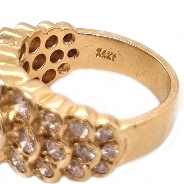 Vintage 2.43ct Cape Colour Diamond Bombe Cluster Dress Ring, fun and eye-catching diamond ring with floral centre stepping down and graduating in size set with 2.43 carats of Cape colour VS1 VS2 brilliant cut diamonds bezel set in 14ct yellow gold. Circa 1980