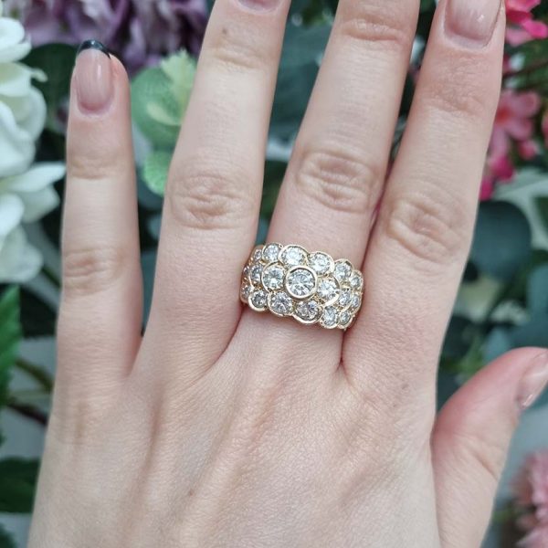 Vintage 2.43ct Cape Colour Diamond Bombe Cluster Dress Ring, fun and eye-catching diamond ring with floral centre stepping down and graduating in size set with 2.43 carats of Cape colour VS1 VS2 brilliant cut diamonds bezel set in 14ct yellow gold. Circa 1980