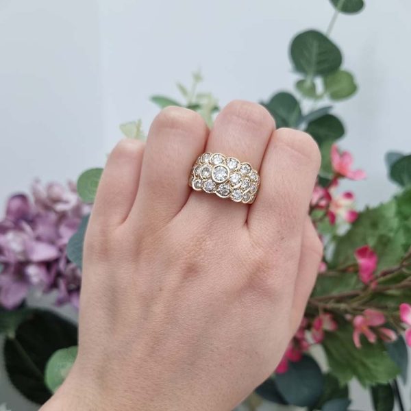 Vintage 2.43ct Cape Colour Diamond Bombe Cluster Dress Ring, fun and eye-catching diamond ring with floral centre stepping down and graduating in size set with 2.43 carats of Cape colour VS1 VS2 brilliant cut diamonds bezel set in 14ct yellow gold. Circa 1980