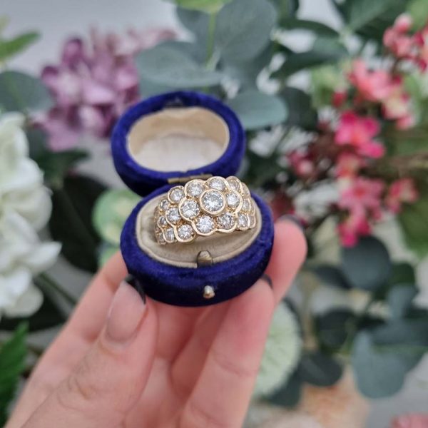 Vintage 2.43ct Cape Colour Diamond Bombe Cluster Dress Ring, fun and eye-catching diamond ring with floral centre stepping down and graduating in size set with 2.43 carats of Cape colour VS1 VS2 brilliant cut diamonds bezel set in 14ct yellow gold. Circa 1980s