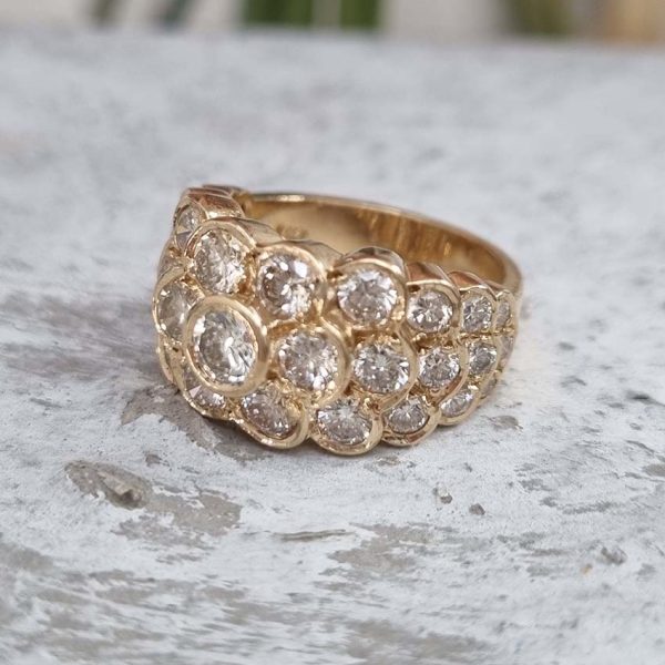 Vintage 2.43ct Cape Colour Diamond Bombe Cluster Dress Ring, fun and eye-catching diamond ring with floral centre stepping down and graduating in size set with 2.43 carats of Cape colour VS1 VS2 brilliant cut diamonds bezel set in 14ct yellow gold. Circa 1980s