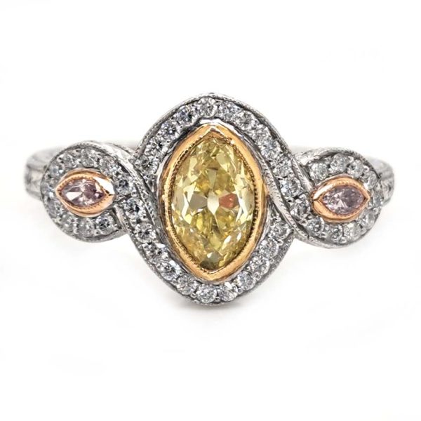 GIA Certified 0.72ct Fancy Vivid Yellow and Pink Marquise Diamond Trilogy Cluster Engagement Ring in Platinum by Hancocks