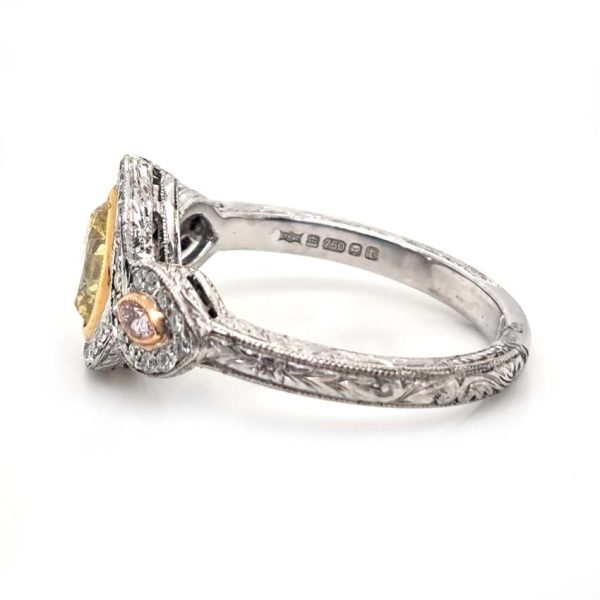GIA Certified 0.72ct Fancy Vivid Yellow and Pink Marquise Diamond Trilogy Cluster Engagement Ring in Platinum by Hancocks