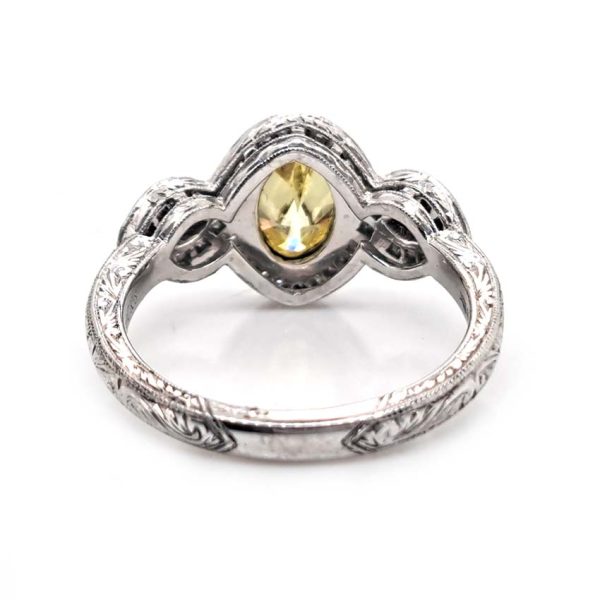 GIA Certified 0.72ct Fancy Vivid Yellow and Pink Marquise Diamond Trilogy Cluster Engagement Ring in Platinum by Hancocks