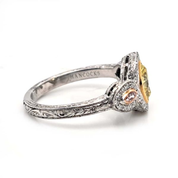 GIA Certified 0.72ct Fancy Vivid Yellow and Pink Marquise Diamond Trilogy Cluster Engagement Ring in Platinum by Hancocks