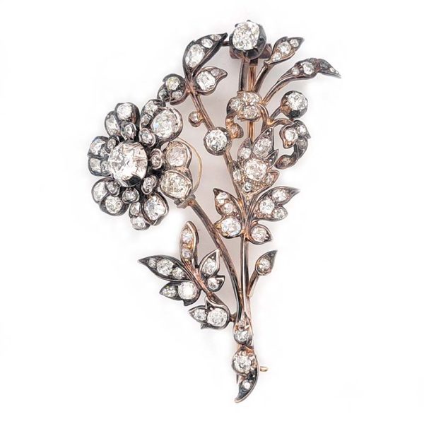 Antique 4.20ct Old Cut Diamond Flower En Tremblant Brooch, floral spray brooch set with 4.20 carats of old mine-cut diamonds in silver to yellow gold. Mid 19th century Circa 1860