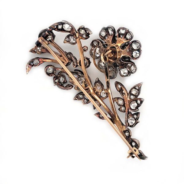 Antique 4.20ct Old Cut Diamond Flower En Tremblant Brooch, floral spray brooch set with 4.20 carats of old mine-cut diamonds in silver to yellow gold. Mid 19th century Circa 1860