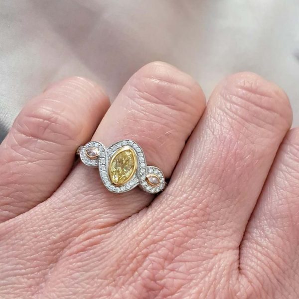 GIA Certified 0.72ct Fancy Vivid Yellow and Pink Marquise Diamond Trilogy Cluster Engagement Ring in Platinum by Hancocks