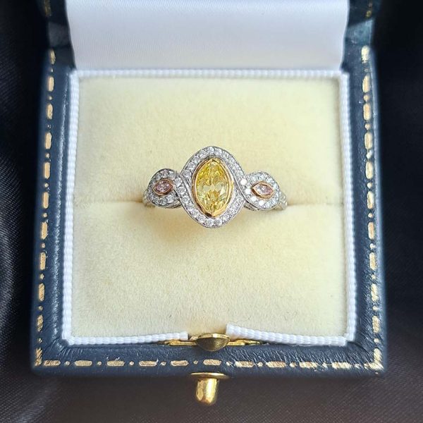 GIA Certified 0.72ct Fancy Vivid Yellow and Pink Marquise Diamond Trilogy Cluster Engagement Ring in Platinum by Hancocks