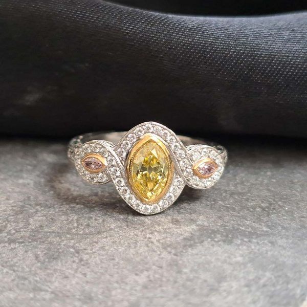 GIA Certified 0.72ct Fancy Vivid Yellow and Pink Marquise Diamond Trilogy Cluster Engagement Ring in Platinum by Hancocks