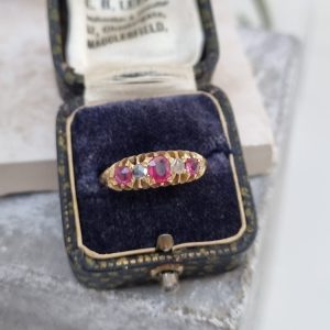 Antique Victorian Ruby and Diamond Five Stone Ring in Yellow Gold