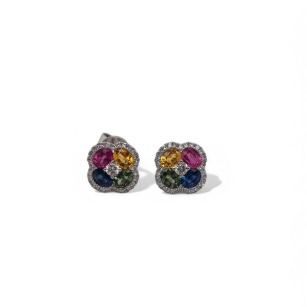 Fancy sapphire and diamond cluster earrings set in 18ct white gold