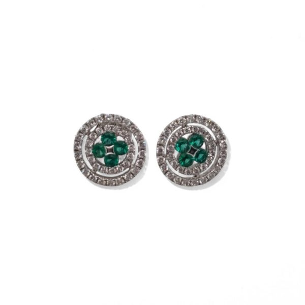 Emerald and diamond round cluster earrings in 18ct white gold