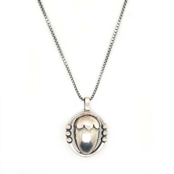Vintage Georg Jensen Silver Acorn Pendant, Circa 1988, fully hallmarked GJ Denmark 1988 on a sterling silver 925 chain. Comes in Georg Jensen pouch