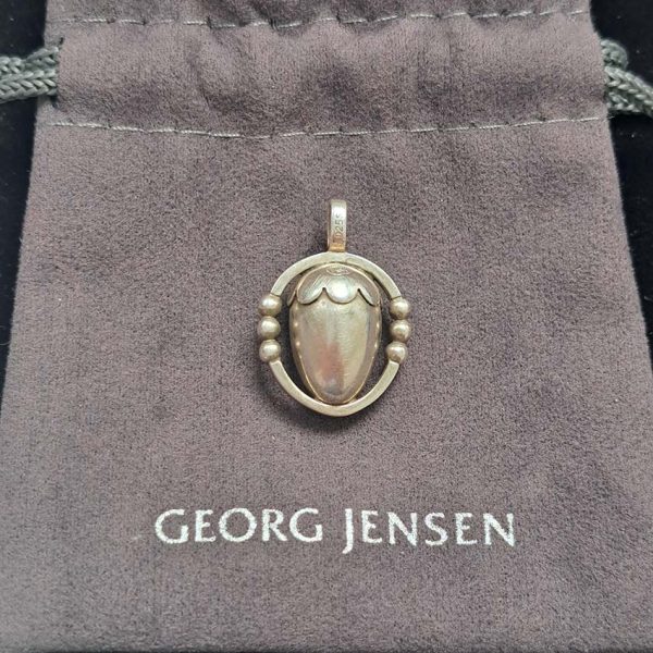 Vintage Georg Jensen Silver Acorn Pendant, Circa 1988, fully hallmarked GJ Denmark 1988 on a sterling silver 925 chain. Comes in Georg Jensen pouch