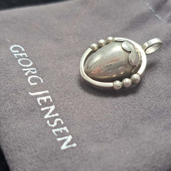 Vintage Georg Jensen Silver Acorn Pendant, Circa 1988, fully hallmarked GJ Denmark 1988 on a sterling silver 925 chain. Comes in Georg Jensen pouch