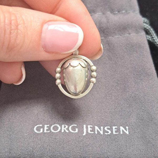 Vintage Georg Jensen Silver Acorn Pendant, Circa 1988, fully hallmarked GJ Denmark 1988 on a sterling silver 925 chain. Comes in Georg Jensen pouch