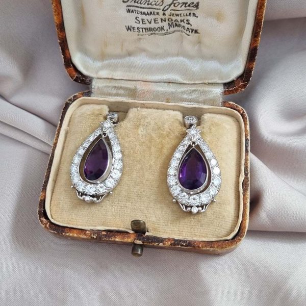 Antique 6.40ct Pear Cut Amethyst and 2ct Old Cut Diamond Cluster Drop Earrings in Platinum