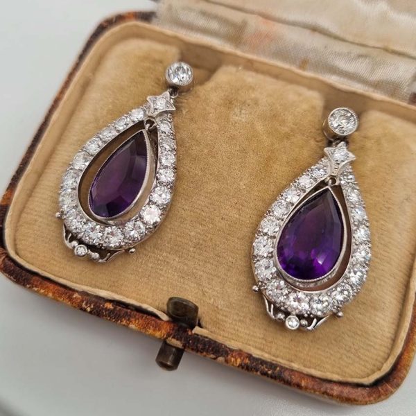 Antique 6.40ct Pear Cut Amethyst and 2ct Old Cut Diamond Cluster Drop Earrings in Platinum