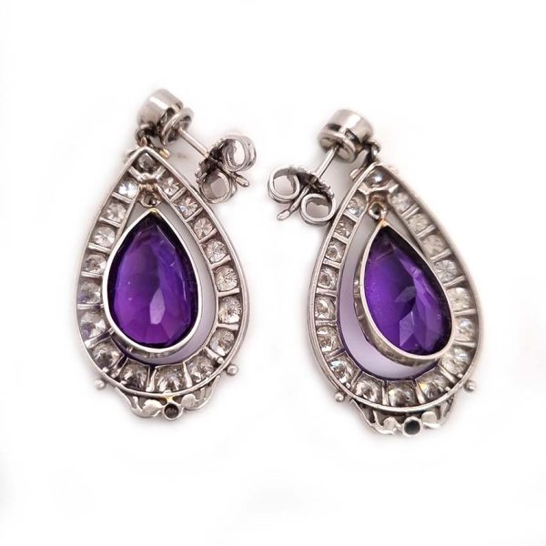 Antique 6.40ct Pear Cut Amethyst and 2ct Old Cut Diamond Cluster Drop Earrings in Platinum